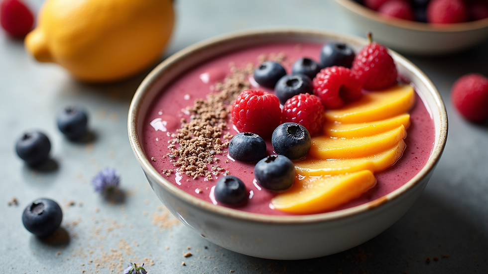 High angle view of a vibrant fruit smoothie bowl