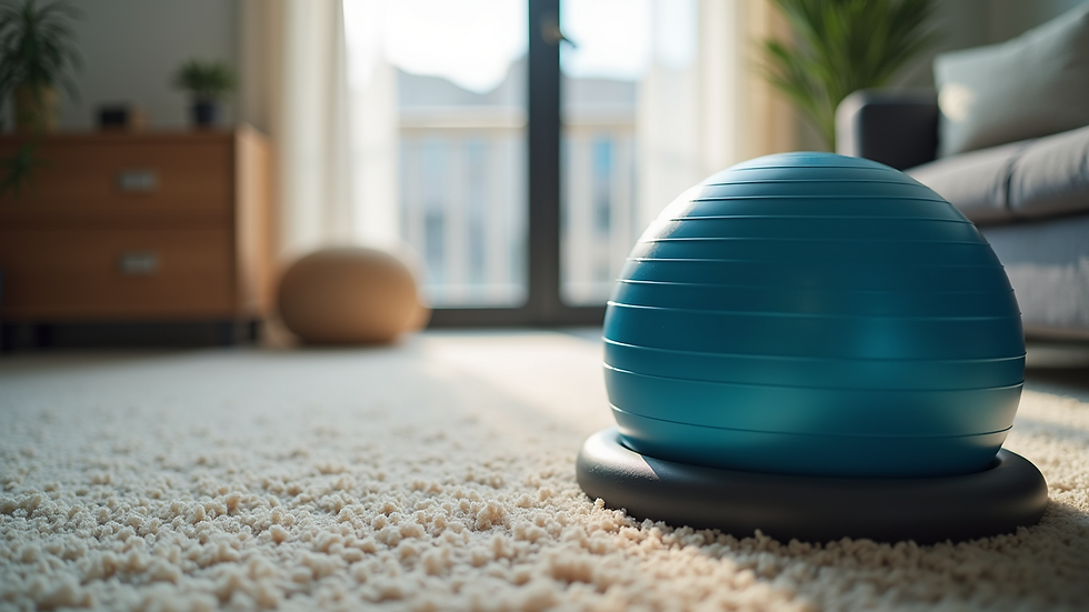 Close-up view of a stability ball on a carpeted floor