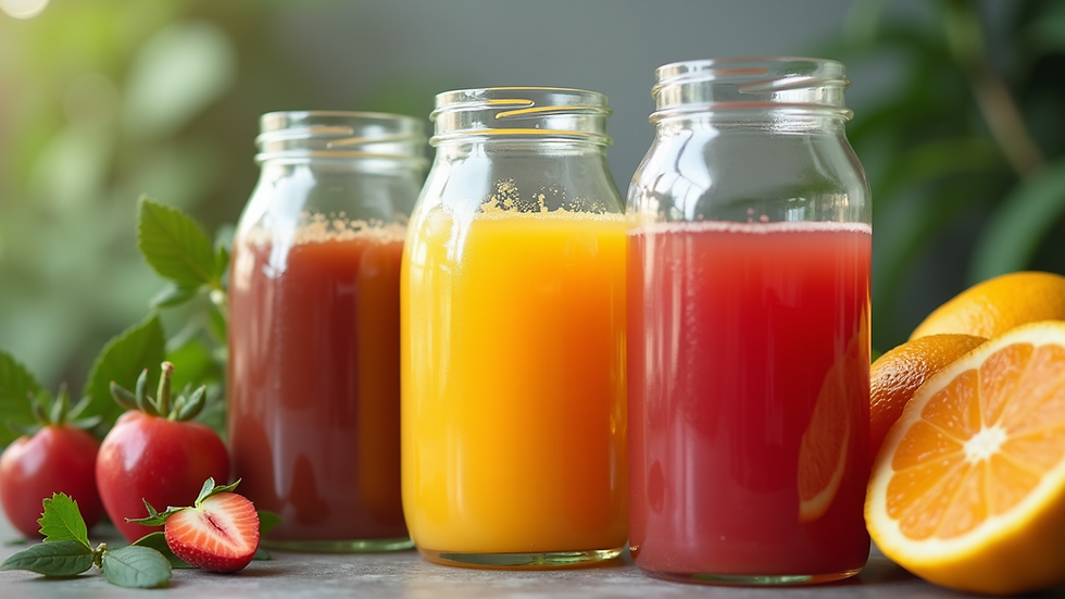 Eye-level view of various fruit and vegetable juices in glass jars
