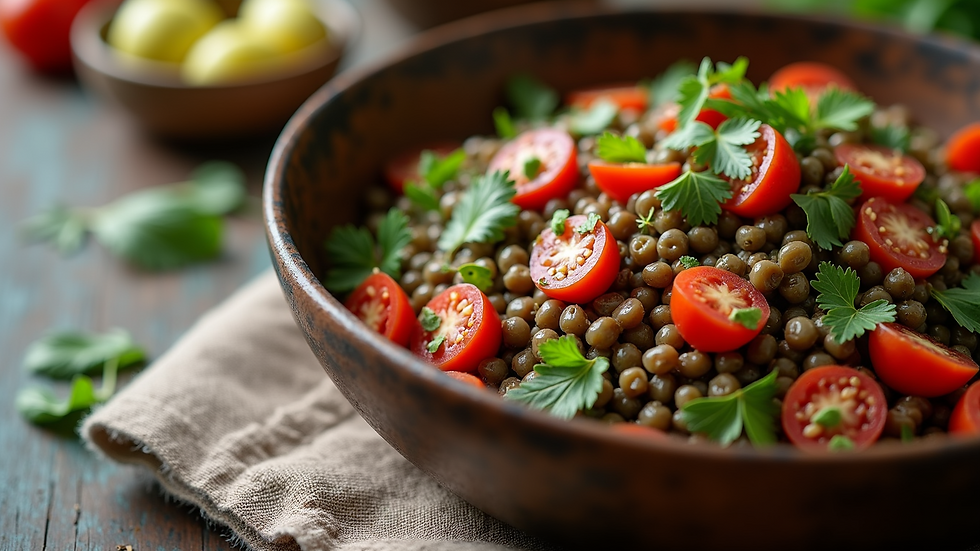 Eye-level view of a rustic bowl of hearty lentil salad