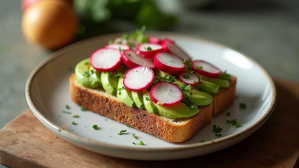 High angle view of a plate with avocado toast garnished with radishes