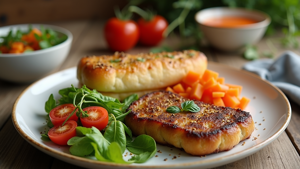 High angle view of a selection of colorful and wholesome food on a plate