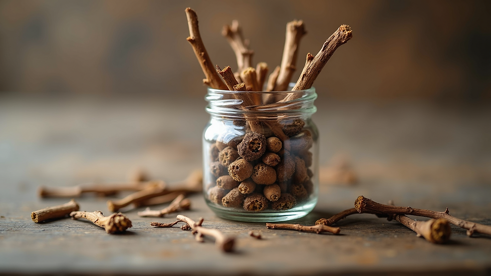 Eye-level view of dried willow bark in a small glass jar