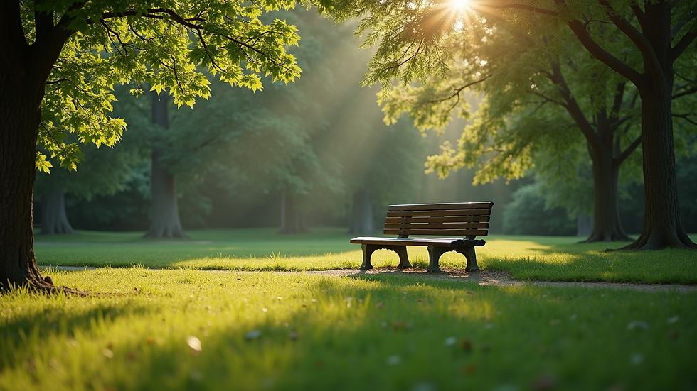 Wide-angle view of a park bench surrounded by greenery