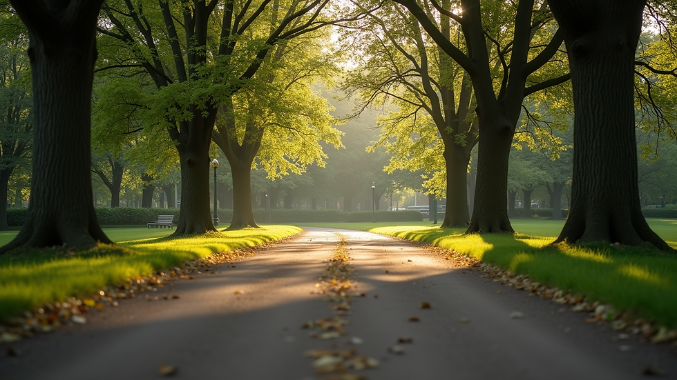 Eye-level view of a tranquil park path surrounded by trees
