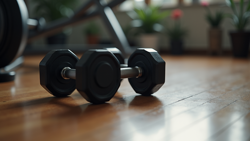 High angle view of dumbbells on a wooden floor