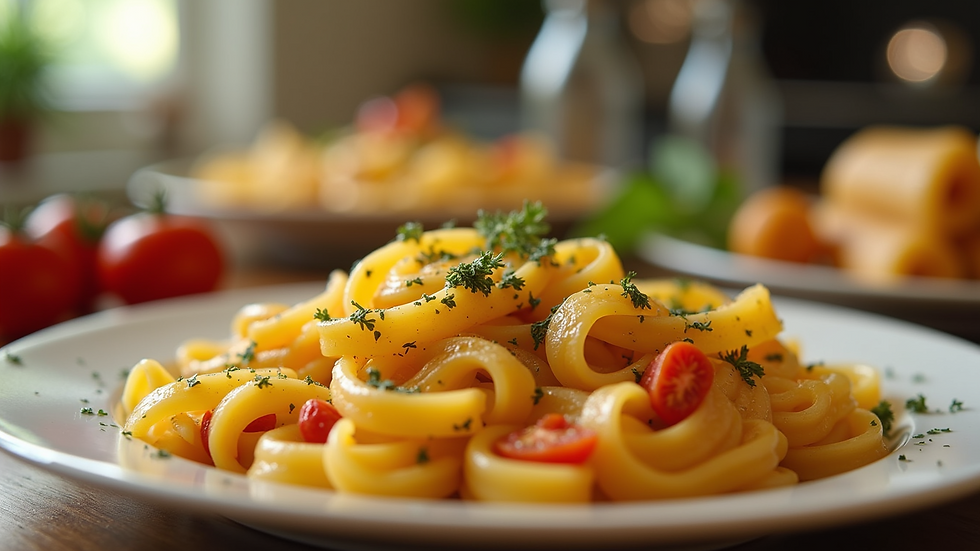 Eye-level view of a colorful spread of homemade pasta