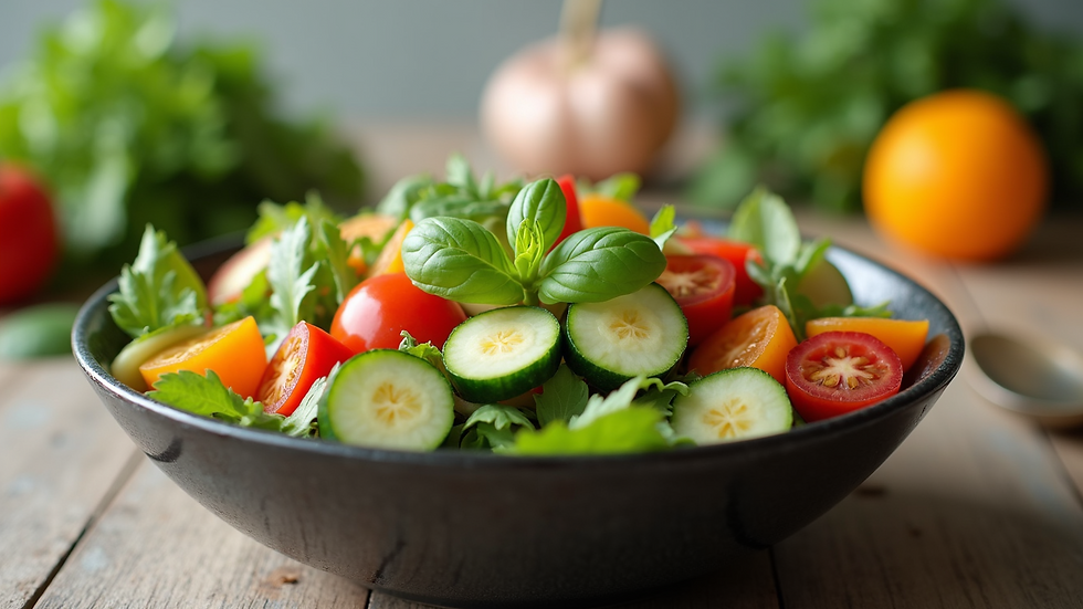 Eye-level view of a vibrant vegetable salad bowl