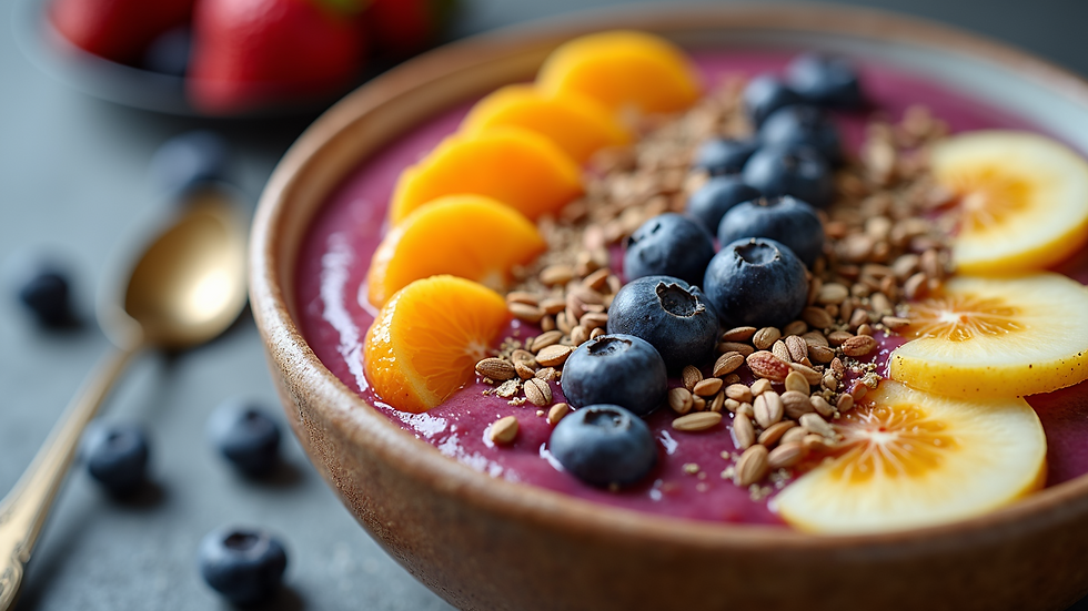 Close-up of a vibrant smoothie bowl topped with sliced fruits and seeds