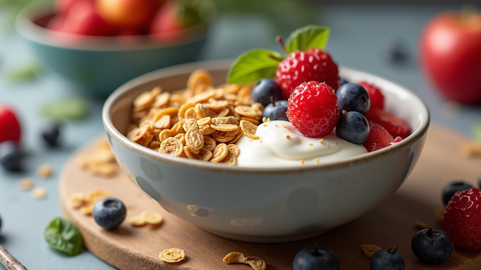Close-up view of a bowl filled with energy-rich foods including yogurt, granola, and fresh fruit.