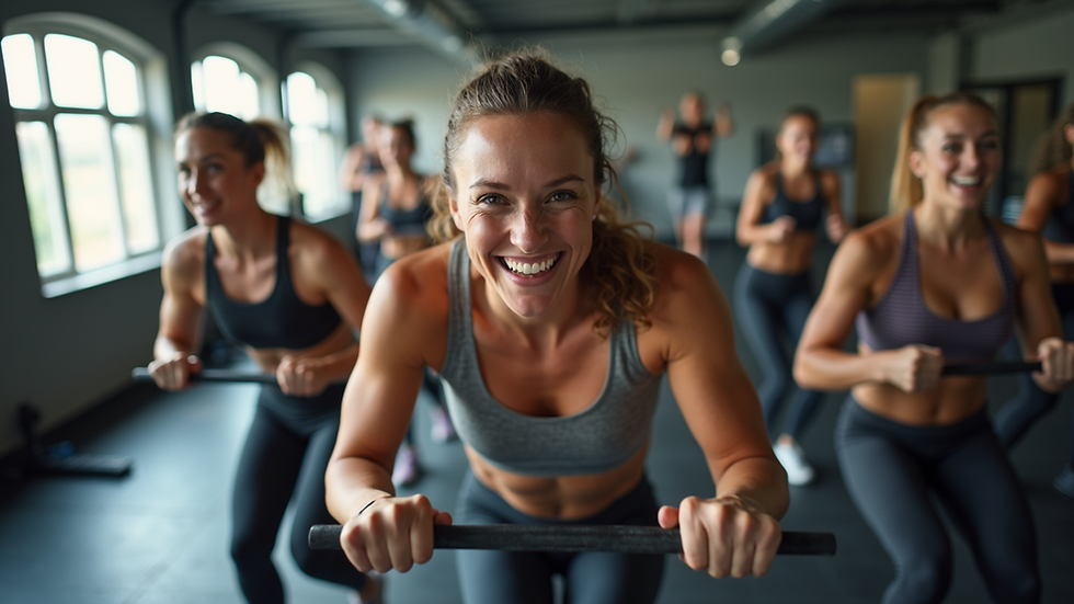 High angle view of an energetic fitness class performing HIIT