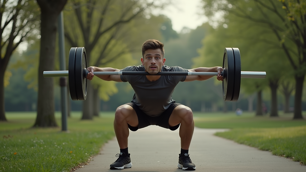 Eye-level view of a person performing bodyweight squats in a park