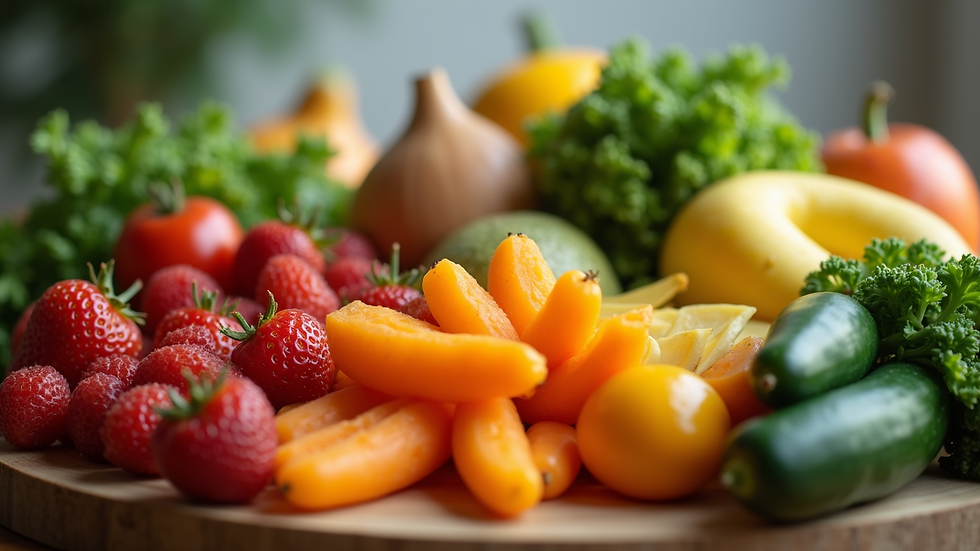 Eye-level view of a fresh fruit and vegetable arrangement