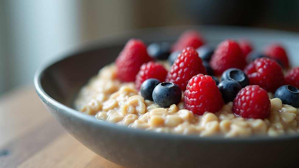 Close-up of a bowl of overnight oats topped with fresh berries