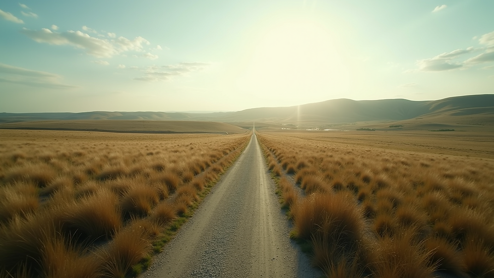High angle view of a serene landscape with a path leading into the horizon