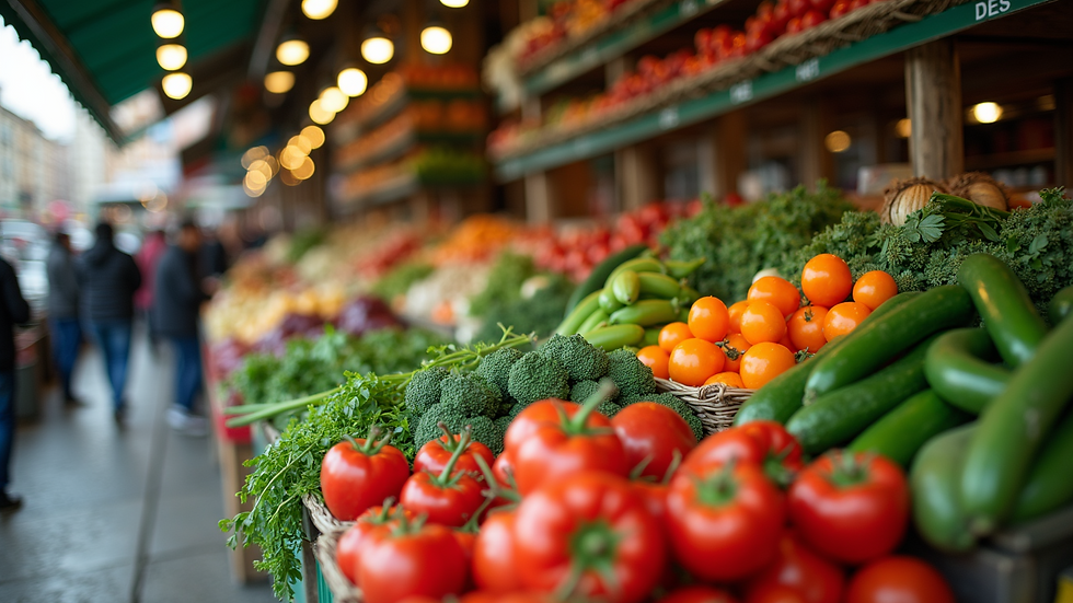 High angle view of a fresh market stall filled with vibrant vegetables