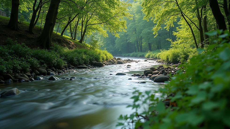 Wide angle view of a peaceful nature scene with a flowing river and lush greenery