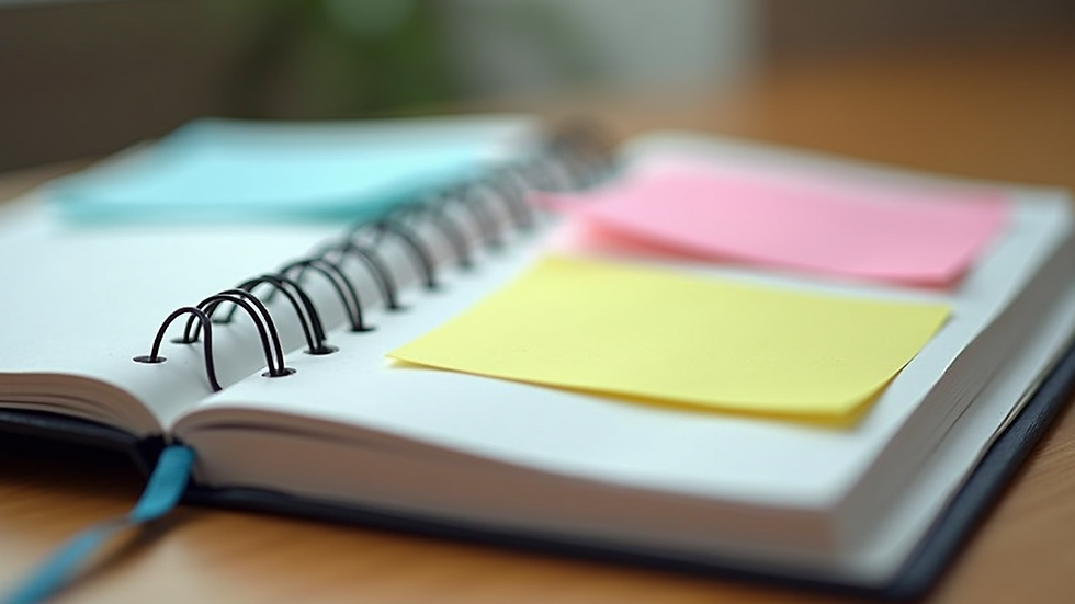 Close-up of an open planner with colorful sticky notes