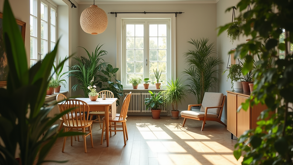 Eye-level view of an inviting space filled with plants and soft lighting