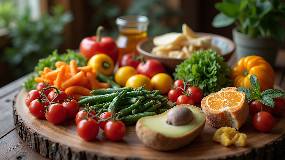 High angle view of a rustic wooden table filled with various whole foods