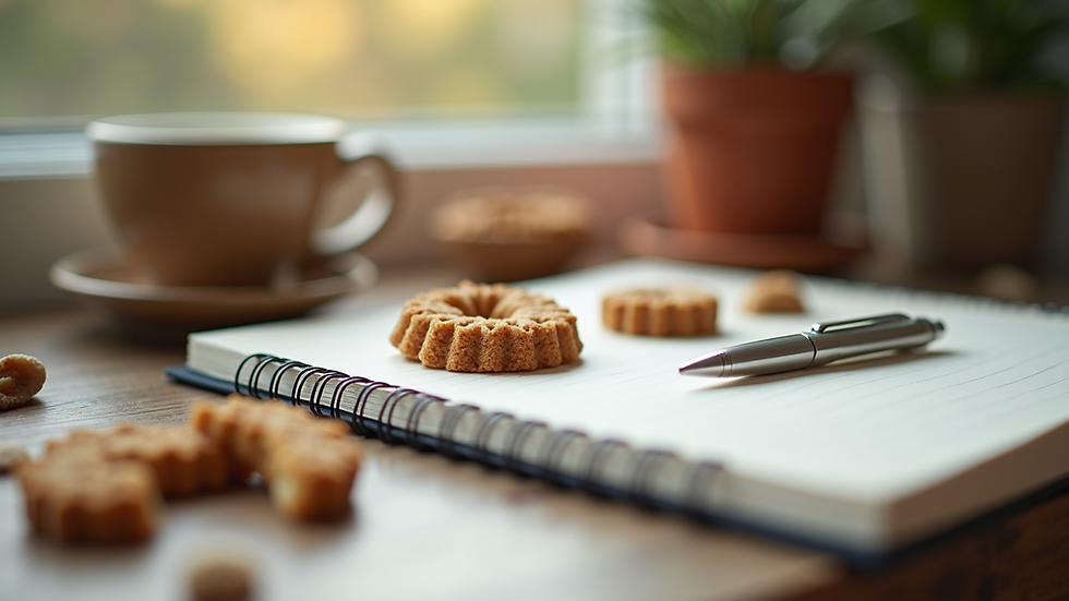 Close-up view of a journal with a pen and healthy snacks