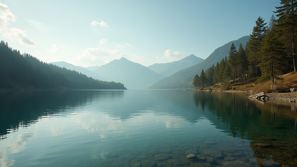 Wide angle view of a tranquil lake surrounded by nature