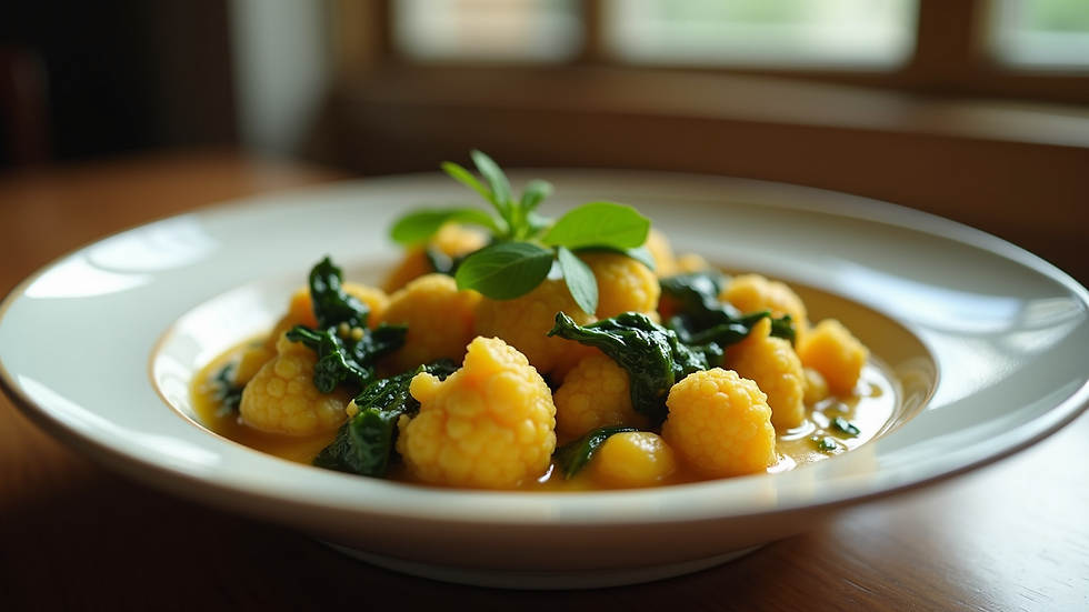 Eye-level view of a bowl of creamy cauliflower curry with spinach