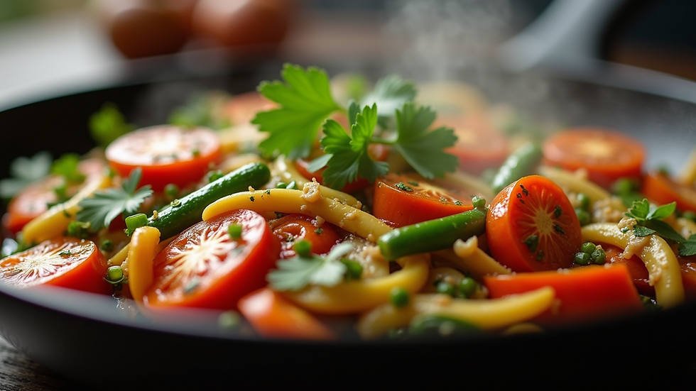 Close-up view of vibrant seasonal vegetables in a stir-fry