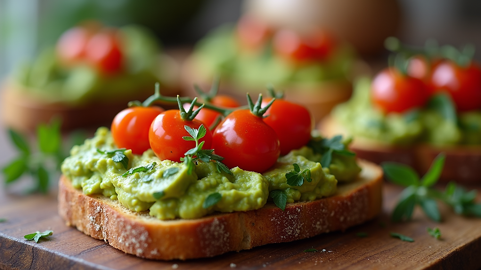 Close-up of avocado toast topped with cherry tomatoes and garnish