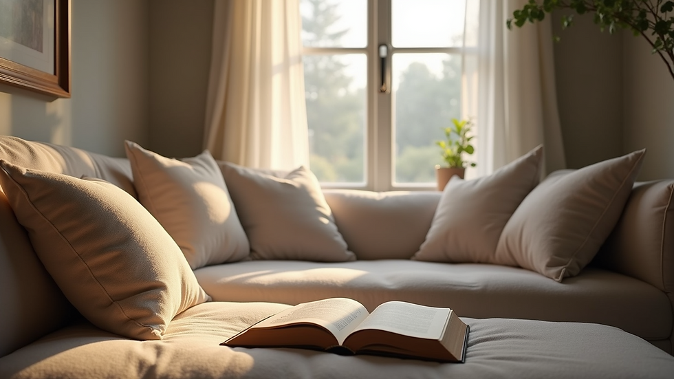 Eye-level view of a cozy reading nook with soft pillows