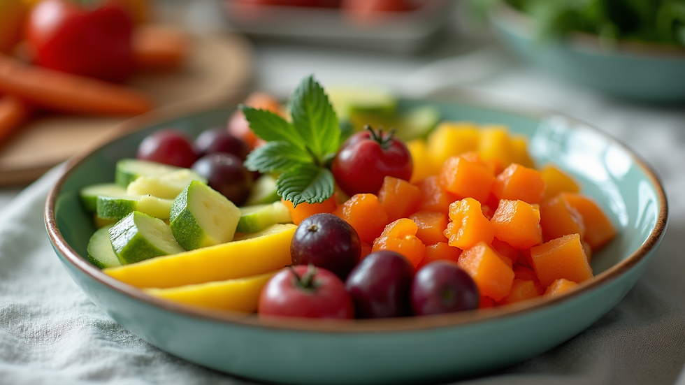 Close-up view of a colorful plate filled with fresh fruits and vegetables