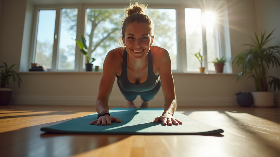 Eye-level view of a person performing mountain climbers on a yoga mat
