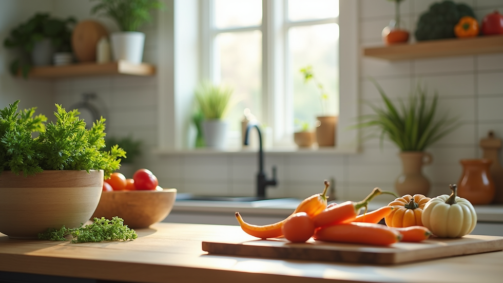 Eye-level view of a serene kitchen setting with fresh ingredients ready for meal preparation