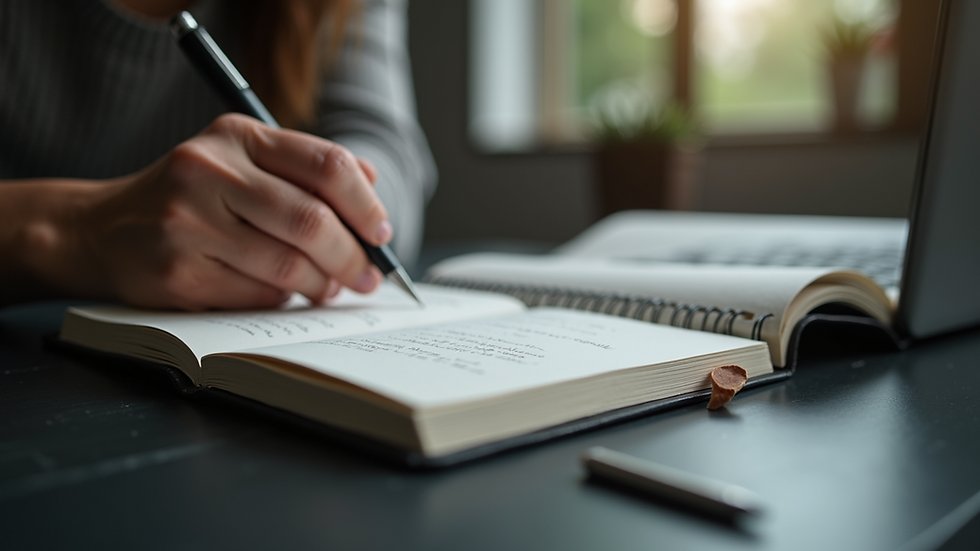 Eye-level view of a person holding a notebook with notes