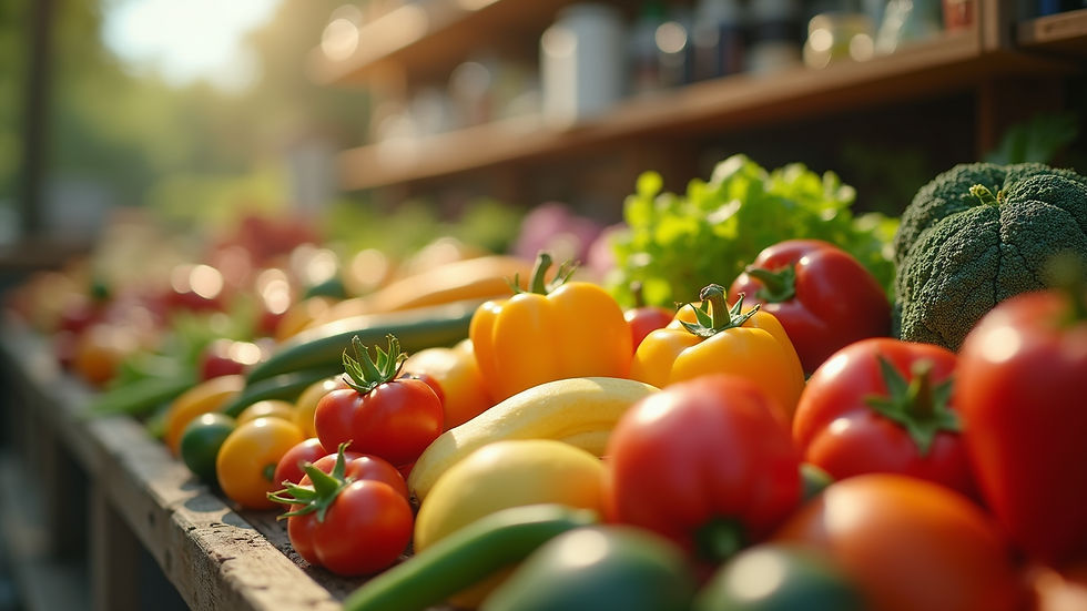 Eye-level view of an assortment of fresh fruits and vegetables
