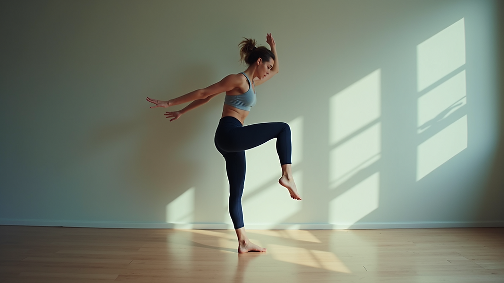 Eye-level view of an individual performing leg swings against a wall