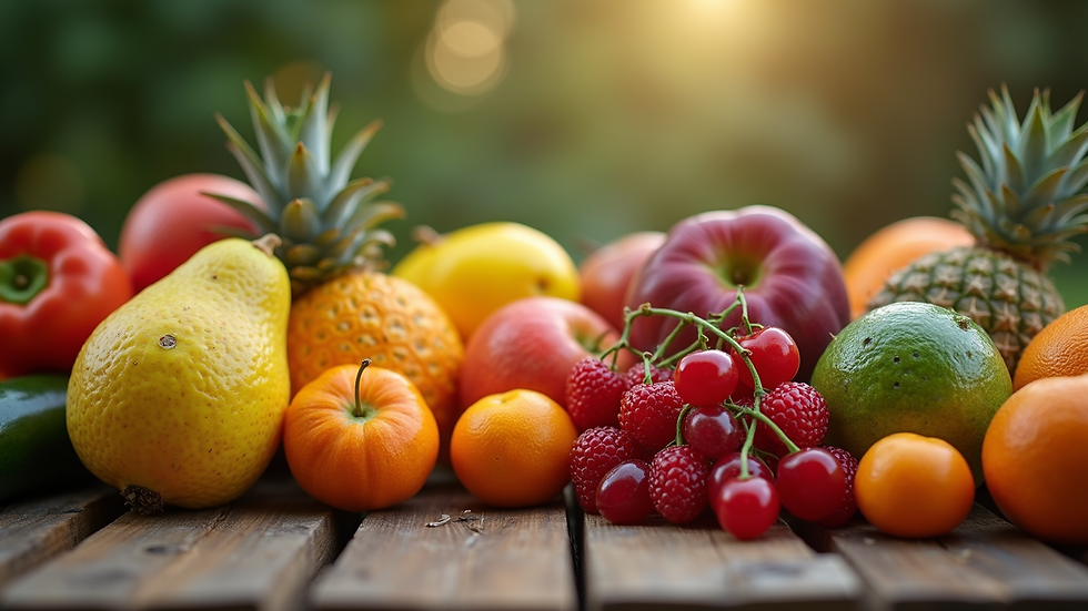 Eye-level view of colorful fresh fruits arranged on a wooden table