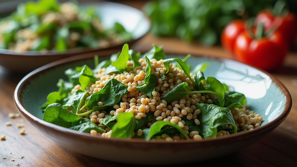 Eye-level view of a beautifully arranged clean meal with greens and grains