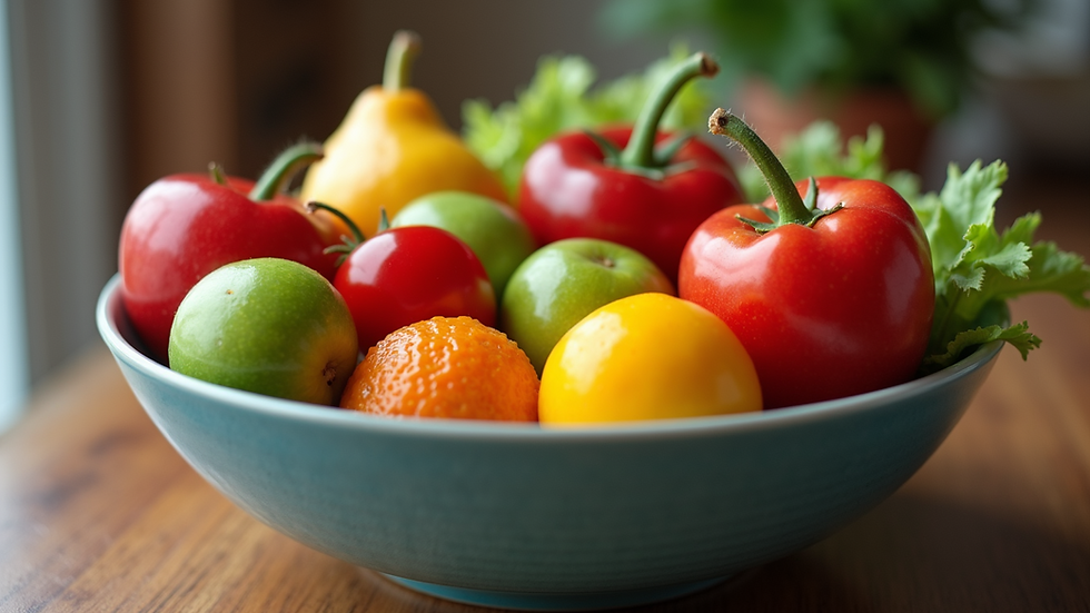 Eye-level view of a bowl filled with colorful fruits and vegetables