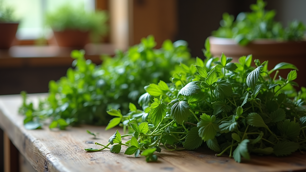 High angle view of fresh herbs in a rustic wooden kitchen