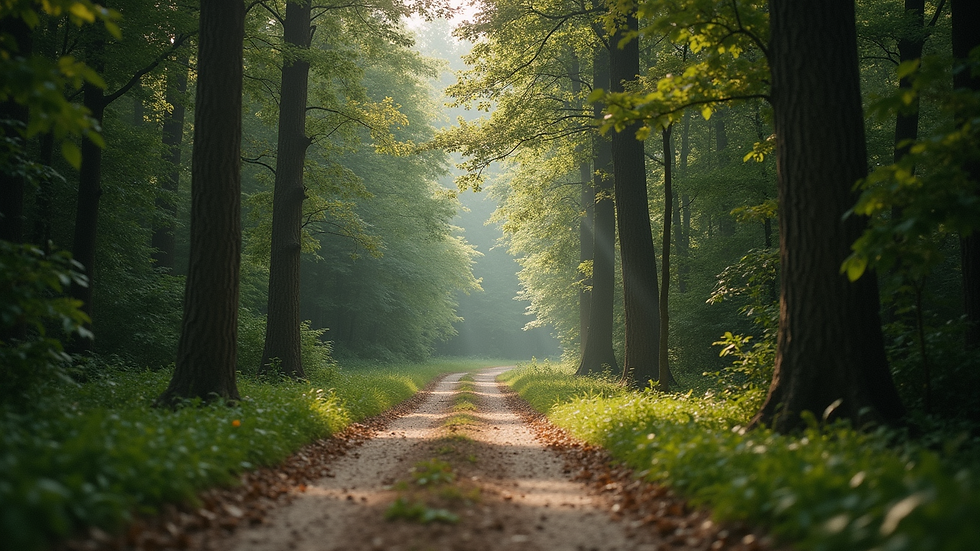 Wide angle view of a serene forest pathway