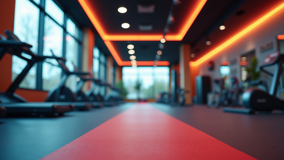 Eye-level view of a vibrant workout space with fitness equipment