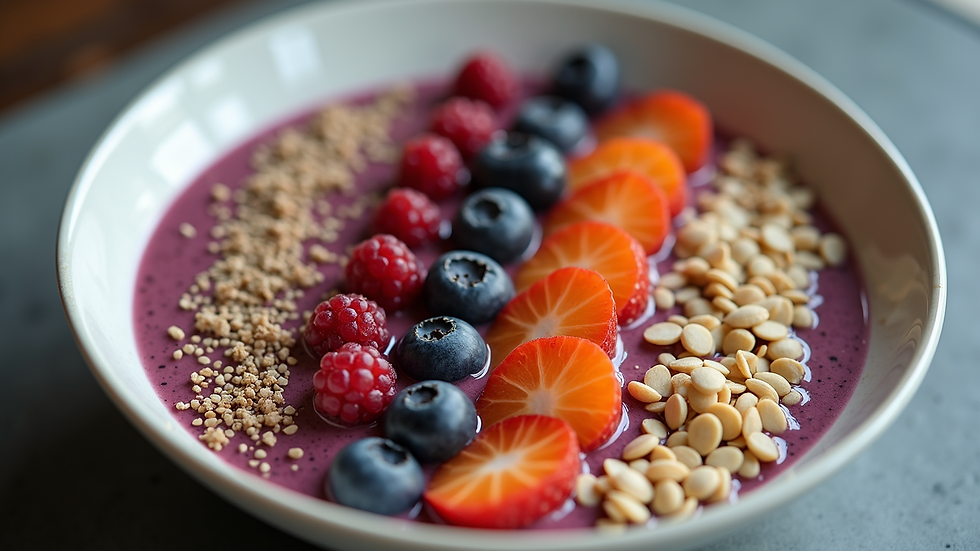 Eye-level view of a smoothie bowl topped with fruits and seeds