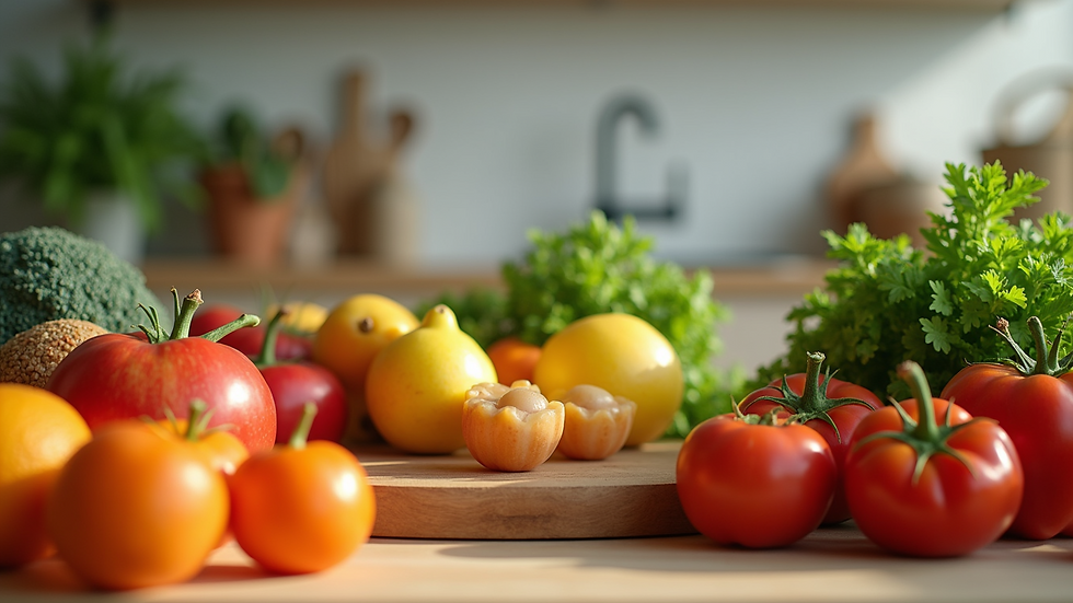Eye-level view of a vibrant kitchen with fresh fruits and vegetables