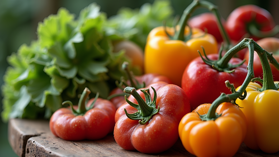 Close-up view of fresh fruits and vegetables arranged on a wooden table