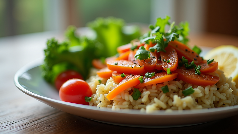 Close-up view of a healthy well-balanced meal with colorful vegetables