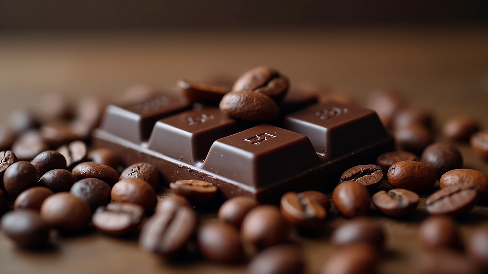 Close-up of a dark chocolate bar surrounded by cocoa beans