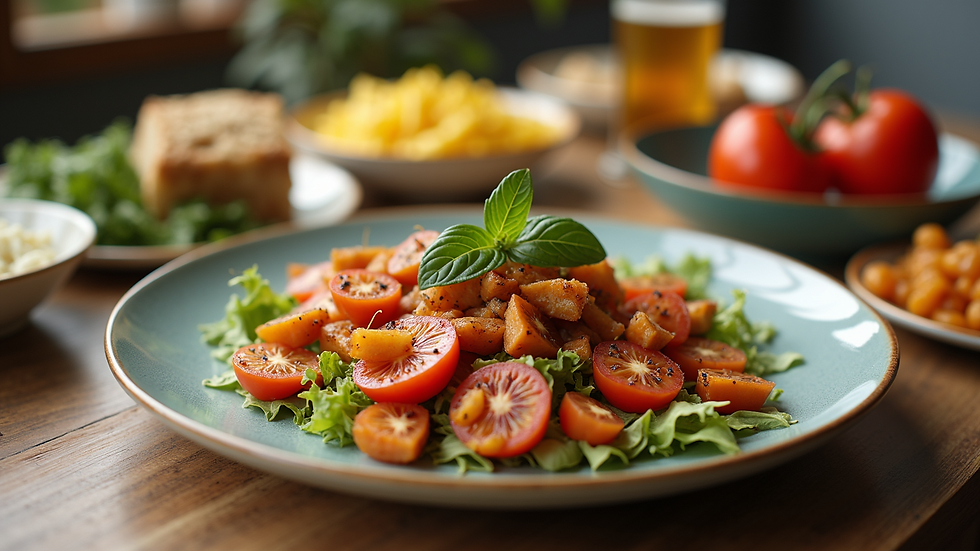 Eye-level view of a healthy meal spread on a table