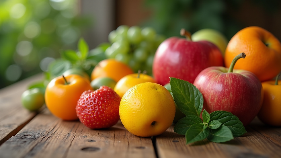 Close-up of vibrant fresh fruits arranged neatly on a wooden table