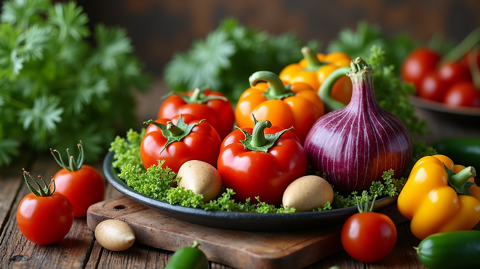 High angle view of assorted fresh vegetables on a rustic table